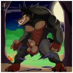  1:1 aaron_(artist) animal_genitalia anthro balls border canid canine claws clothing finger_claws genitals glowing glowing_eyes halloween hi_res holidays looking_at_viewer male mammal moon muscular muscular_anthro muscular_male nude outside penis penis_tip sharp_teeth sheath solo teeth tongue tongue_out torn_clothing were werecanid werecanine werewolf white_border 