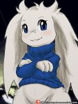  absurd_res anthro blue_clothing blue_eyes blue_topwear bottomless cave_story clothed clothing crossed_arms detailed_background female fur hi_res lagomorph looking_at_viewer mammal mimiga patreon scar smile solo standing sue_sakamoto sweatshirt text topwear url video_games white_body white_fur winick-lim 