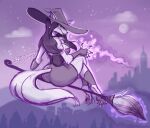  absurd_res anthro beingobscene blush broom broom_riding butt canid claws cleaning_tool clothing cloud corset female full_moon hat headgear headwear hi_res lingerie looking_aside magic_user mammal moon night outside pawpads sitting smile solo topwear witch witch_hat 