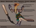  anthro avian avian-king biped claws clothing countershading english_text feathers feet male model_sheet open_mouth solo standing teeth text toes weapon 