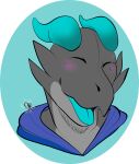  alpha_channel anthro blush clothing crowflyproductions eyes_closed grey_body happy hi_res hoodie horn kobold male open_mouth portrait reptile scalie scar side_b solo tongue topwear 