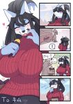  &lt;3 2021 4_fingers 4koma ambiguous_gender anthro big_breasts black_hair black_nose blep blue_body blue_fur blue_hair blush breasts canid canine canis claws clothing comic cute_fangs duo eating emanata english_text eyes_closed female finger_claws fingers food food_on_face fur hair hi_res holding_food holding_object huge_breasts japanese_text kemono mammal multicolored_hair pawpads plant potato purple_eyes solo speech_bubble sweater text thought_bubble tongue tongue_out topwear translated vegetable white_body white_fur wolf yamame513 