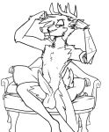  anthro antlers athletic athletic_anthro athletic_male balls cervid cervine chair cybernetic_arm cybernetic_limb cybernetics fluffy furniture genitals horn looking_at_viewer machine male mammal monochrome penis pillow presenting presenting_penis red_(topazknight) sketch solo tapering_penis topazknight vein 