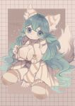  abstract_background anthro big_breasts bow_ribbon breasts clothed clothing eyelashes featureless_breasts felid feline female fluffy fluffy_tail fur hair hand_between_legs hi_res inner_ear_fluff kemono kneeling long_hair looking_at_viewer mammal nonomai25 pulling_bra solo striped_ears tuft 
