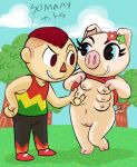  animal_crossing annie-mae anthro breasts clothed clothing clothing_lift domestic_pig dress dress_lift duo female gala_(animal_crossing) genitals hooves human mammal multi_breast nature nature_background navel nintendo pigtails plant pussy suid suina sus_(pig) tree video_games villager_(animal_crossing) 