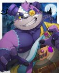  2021 alp_(tas) anthro belly black_nose castle eye_patch eyewear giant_panda halloween halloween_costume hi_res holidays humanoid_hands kemono lifewonders male mammal moobs night nipples outside overweight overweight_male ponzu_tas purple_body solo tokyo_afterschool_summoners ursid video_games 