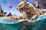  ambiguous_gender anthro blue_eyes c.t.elder charr detailed_background duo fangs_bared felid fur guild_wars male mammal outside partially_submerged sky smile summer swimming video_games water wet wet_body wet_fur 