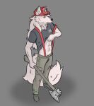  abs anthro axe canid canine clothed clothing clothing_lift costume firefighter fur haruthedog hat headgear headwear male mammal melee_weapon shirt shirt_lift solo suspenders topwear weapon white_body white_fur 