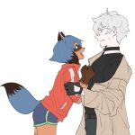  1:1 anthro blue_hair bodily_fluids bottomwear brand_new_animal canid canine clothing coat collar embrace female fur gloves hair handwear hi_res hug human male male/female mammal michiru_kagemori open_mouth orange_body orange_fur raccon_dog raccoon_dog romantic romantic_couple shirou_ogami shorts size_difference standing studio_trigger sweat tanuki topwear trenchcoat unknown_artist white_hair 