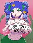  2021 3:4 anthro anthrofied big_breasts breasts clothed clothing english_text female florges flower hi_res looking_at_viewer nineka nintendo open_mouth pink_background plant pok&eacute;mon pok&eacute;mon_(species) pok&eacute;morph red_eyes shirt simple_background solo text text_on_clothing text_on_shirt text_on_topwear topwear video_games wide_hips 