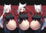  animal_humanoid belly big_belly blush breasts canid canid_demon canid_humanoid canine canine_humanoid cerberus_(helltaker) clothed clothing demon female group hair helltaker hi_res humanoid kakuajialter light_body light_skin long_hair looking_at_viewer mammal mammal_humanoid monotone_hair multiple_pregnancies open_mouth pregnant spade_tail standing tongue tongue_out unborn_kicking 
