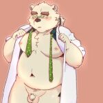  1:1 2021 anthro balls blush clothed clothing eyewear flaccid genitals ginsingoo1 glasses hi_res humanoid_hands kemono leib_(tas) lifewonders male mammal necktie open_clothing open_shirt open_topwear overweight overweight_male penis shirt simple_background small_penis solo tokyo_afterschool_summoners topwear ursid video_games 