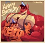  anthro big_muscles birthday black_hair body_hair chest_hair clothed clothing cursedmarked dragon duo felid fur hair hat headgear headwear hi_res huge_pecs male male/male mammal massimo muscular muscular_anthro muscular_male nipple_grab nipples orange_body orange_fur pantherine party_hat red_body tiger topless 