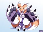  absurd_res anthro armwear bandai_namco black_sclera breasts claws clothing cocky_smile digimon digimon_(species) emiridian feet female foot_focus fur hi_res navel pawpads paws raised_paw renamon sitting slim soles solo yin_yang 