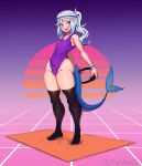  80&#039;s_theme absurd_res accessory animal_humanoid blue_eyes bodily_fluids camel_toe clothing female fish fish_humanoid gawr_gura gym_clothing hair headband hi_res hololive hololive_en humanoid legwear leotard looking_at_viewer makinakid mammal marine marine_humanoid nintendo one-piece_swimsuit ring_fit_adventure shark_humanoid smile solo sweat sweatband swimwear thick_thighs thigh_highs video_games white_hair 