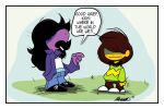  2021 3:2 4_fingers anthro black_hair border brown_hair chalk charlie_brown clothed clothing deltarune dialogue dinosaur duo english_text female fingers grass hair hi_res human humor kris_(deltarune) kris_where_are_we long_hair male mammal meme outside paragonedplus parody peanuts_(comic) plant purple_body reptile scalie signature simple_background speech_bubble style_parody susie_(deltarune) text undertale_(series) video_games white_border yellow_body 