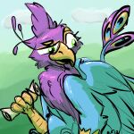  1:1 absurd_res avian beak bird bird_feet blue_body feathered_crest feathered_wings feathers feral galliform green_eyes gryphon gyro_feather gyrotech head_crest hi_res male mythological_avian mythology peafowl phasianid pink_body quadruped scrolls tail_tuft tuft werefoxie_(artist) wings 