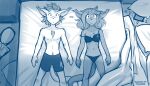  2021 7:4 anthro basitin bed blue_and_white blush boxers_(clothing) bra breasts chest_tuft cleavage clothed clothing conditional_dnp duo female furniture hi_res lying male mammal monochrome navel off_shoulder on_back on_bed panties pillow sketch tail_coil tom_fischbach topless topless_male tuft twokinds underwear underwear_only webcomic 