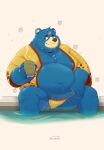  2021 animal_crossing anthro belly blue_body blush clothing groucho_(animal_crossing) hi_res male mammal moobs navel nintendo nipples overweight overweight_male riisago scar sitting solo underwear ursid video_games water 