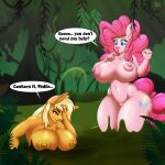  1:1 2021 5_fingers absurd_res anthro applejack_(mlp) areola big_breasts breasts cutie_mark dialogue digital_media_(artwork) duo english_text equid equine eyebrows eyelashes facepalm female fingers forest friendship_is_magic genitals hair hasbro hi_res huge_breasts mammal mud my_little_pony navel nipples nude pinkie_pie_(mlp) plant pussy quicksand sinking swamp tatemil text thick_thighs tree wavy_mouth wide_hips 