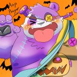  1:1 2021 alp_(tas) anthro eye_patch eyes_closed eyewear giant_panda halloween halloween_costume hi_res holidays humanoid_hands kemono lifewonders male mammal moobs nipples overweight overweight_male puss3250 solo tokyo_afterschool_summoners tongue tongue_out ursid video_games 