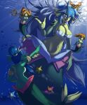  asterozoan blue_hair breasts brown_hair clothed clothing echinoderm featureless_breasts female fish_tail giga_mermaid_(shantae) group hair hi_res humanoid marine melee_weapon merfolk midriff navel polearm seashell_bra shantae_(mermaid_form) shantae_(series) smile sonicboom30813 split_form starfish topless trident underwater video_games water wayforward weapon 