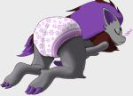  2021 ambiguous_gender anthro biped claws diaper diaper_only eyes_closed fan_character fur grey_body grey_fur hair karkarar lying male_(lore) mostly_nude nintendo on_front pok&eacute;mon pok&eacute;mon_(species) purple_hair rear_view shiny_pok&eacute;mon simple_background sleeping solo sound_effects video_games white_background white_diaper zor_(nya4) zoroark zzz 