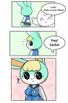  2:3 ? animal_crossing blonde_hair blush breasts clothing comic crossgender digital_media_(artwork) duo eyes_closed female fur gesture green_body green_fur hair hi_res human lagomorph leporid mammal nintendo no_pants pointing pointing_at_another rabbit sasha_(animal_crossing) shaded smile sweater tonytoran topwear video_games 