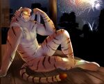  anthro felid fireworks fur genitals green_eyes hi_res kemono koda-kota licking licking_lips male mammal moobs muscular muscular_male night nipples nude pantherine penis pubes sitting solo tiger tongue tongue_out towel wood_floor yellow_body yellow_fur 