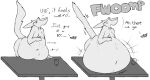  anthro belly belly_expansion belly_inflation bloated butt container cup english_text expansion furniture glass glass_container glass_cup greyscale inflation male mammal monochrome navel obese overweight rumbling_stomach sequence sergal simple_background solo solo_focus surprise table text tiny_head troplilly 