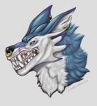  anthro bandai_namco digimon digimon_(species) facial_piercing fengo_taevarth headshot_portrait hi_res huniiheart_(artist) male nose_piercing nose_ring piercing portrait showing_teeth signature simple_background solo weregarurumon white_background 