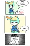  ! 2:3 ? ambiguous_gender animal_crossing anthro balls bedroom_eyes blonde_hair blush breasts clothed clothing comic digital_media_(artwork) duo english_text erection erection_under_clothing erection_under_shirt fur genitals green_body green_fur gynomorph hair hi_res human humor intersex lagomorph leporid looking_at_viewer mammal narrowed_eyes nintendo no_pants no_underwear partially_clothed penis rabbit sasha_(animal_crossing) seductive sequence standing surprise sweater text tonytoran topwear video_games 