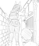 accessory anthro backpack big_breasts big_butt bottomwear breasts building butt butt_focus civilian_(mha) clothed clothing curvy_figure denim denim_clothing duo ears_up female hi_res human humanoid ippan_josei izuku_midoriya jeans male mammal mf_uncen_(artist) monochrome my_hero_academia pants rear_view side_boob size_difference smaller_male taller_female unknown_species wall_(structure) 
