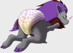  2021 ambiguous_gender anthro biped bodily_fluids claws diaper diaper_only eyes_closed fan_character fur genital_fluids grey_body grey_fur hair karkarar lying male_(lore) mostly_nude nintendo on_front pok&eacute;mon pok&eacute;mon_(species) purple_hair rear_view shiny_pok&eacute;mon simple_background sleeping solo sound_effects urine video_games wet_diaper wetting wetting_diaper white_background white_diaper zor_(nya4) zoroark zzz 