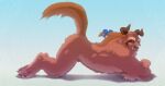  absurd_res ass_up beast_(disney) beauty_and_the_beast blue_eyes body_hair brown_body brown_fur claws crossed_arms crossed_feet crossed_legs disney elbow_tuft fangs fluffy fluffy_tail fur hair handpaw happy_trail hi_res hindpaw horn knee_tuft leg_tuft long_hair looking_at_viewer male monster nude pawpads paws pink_pawpads plantigrade pose raised_tail ribbons side_butt smile solo tuft zen 