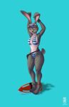  2021 4_toes 5_fingers anthro bikini breasts buckteeth clothing disney ear_piercing ear_ring feet female fingers hi_res judy_hopps lagomorph leporid lifeguard mammal navel open_mouth piercing rabbit saddnesspony shadow simple_background solo standing swimwear teeth toes tongue whistle zootopia 