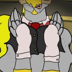  1:1 abdominal_bulge absurd_res bar clothing costume equid equine fan_character feral feral_pred flashyscloset grey_body hasbro hi_res lightning_flash_(oc) male male_pred mammal my_little_pony pegasus same_size_vore vore wings 