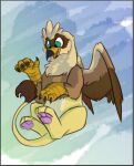  avian beak bird_feet brown_body countershading feathered_crest feathered_wings feathers female feral flying green_eyes gryphon head_crest mythological_avian mythology pawpads paws quadruped scruffasus serilde tail_tuft tuft wings yellow_body 