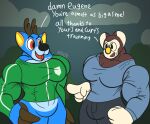  animal_crossing bam_(animal_crossing) big_muscles cervid dialogue duo english_text eugene_(animal_crossing) huge_muscles hydethehybrid2000 hyper hyper_muscles koala male male/male mammal marsupial muscular nintendo text training video_games vombatiform 