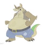  2021 absurd_res activision anthro belly belt big_belly bottomwear brown_body brown_fur canid canine canis canson claws clothed clothing crash_bandicoot_(series) crocodile crocodilian crocodylid denim denim_clothing dingo dingodile ear_piercing fur hi_res hybrid jeans male mammal notched_ear open_clothing open_shirt open_topwear overweight pants patch_(fabric) piercing plantigrade reptile scalie sharp_teeth shirt simple_background solo teeth topwear vest video_games white_background 