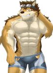  anthro barrel_(live-a-hero) brown_body brown_fur brown_nose canid canine canis clothing domestic_dog fur hi_res lifewonders live-a-hero male mammal multicolored_body multicolored_fur muscular muscular_anthro muscular_male one_eye_closed orange_body orange_eyes orange_fur pubes scratching_head serenaught simple_background smile solo standing swimming_goggles swimwear tan_body tan_fur video_games white_background 
