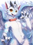  2020 3:4 4_fingers aldy_(aldyderg) anthro blue_body blue_fur claws collar collar_only dated dragon ear_piercing feathered_wings feathers fingers fur furred_dragon hi_res horn ivan-jhang looking_at_viewer male nude open_mouth piercing red_collar solo teeth white_body white_fur wings 