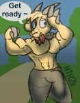  anthro big_penis bovid bulge caprine cartoon_network flexing flexing_bicep genitals goat half-erect hi_res hydethehybrid2000 male mammal muscular muscular_male penis regular_show solo thomas_(regular_show) 