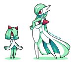  ambiguous_gender anthro clothed clothing duo gardevoir green_hair hair hi_res humanoid kirlia nintendo partially_clothed pok&eacute;mon pok&eacute;mon_(species) signature simple_background thatguynamedjoe thick_thighs toony video_games white_background wide_hips young 