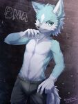  2020 3:4 5_fingers anthro biped brand_new_animal bulge canid canine canis claws clothed clothing dated fingers fur hi_res ivan-jhang looking_at_viewer male mammal navel one_eye_closed outside raised_arm shirou_ogami solo standing studio_trigger topless white_body white_fur wolf 