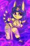  2021 abstract_background absurd_res animal_crossing ankha_(animal_crossing) anthro bandaged_chest breasts cleavage clothed clothing dimwitdog domestic_cat felid feline felis female fur hi_res mammal markings nintendo ring_(marking) ringtail solo tail_markings video_games yellow_body yellow_fur 