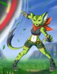  anthro blurred_background bottomwear breasts carol_tea clothed clothing felid feline felis female fingerless_gloves footwear freedom_planet freedom_planet_2 fur gloves grass green_body green_eyes green_fur handwear hi_res mammal midriff navel open_mouth outside plant pupils scarf shirt shoes shorts slit_pupils solo sonicboom30813 tank_top teeth tongue topwear video_games wildcat 