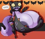  2021 anthro areola big_breasts breasts canid canine canis clothing costume english_text female halloween hi_res holidays huge_breasts hyper hyper_breasts jaeh mammal nipples solo text tina_(jaeh) wolf 