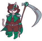  aliasing alpha_channel anthro armor belt black_hair bodypaint boots bottomwear cape catti_(deltarune) clothed clothing deltarune domestic_cat face_paint felid feline felis female footwear front_view fully_clothed fur gloves green_highlights grin hair handwear highlights_(coloring) holding_melee_weapon holding_object holding_scythe holding_weapon mammal melee_weapon pink_sclera polearm scythe shoulder_guards simple_background smile solo standing topwear transparent_background undertale_(series) video_games viomarks weapon white_body white_fur 
