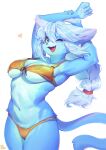  &lt;3 absurd_res accessory anthro aruurara blue_body blue_fur bra breasts clothing fangs felid feline felis female fluffy fluffy_tail fur green_clothing hair hair_accessory hair_tie hands_behind_head hashimoto-chan hi_res kemono long_hair mammal medium_breasts multicolored_body navel one_eye_closed panties raised_arm solo stretching swimwear thick_thighs two_tone_body under_boob underwear wink 